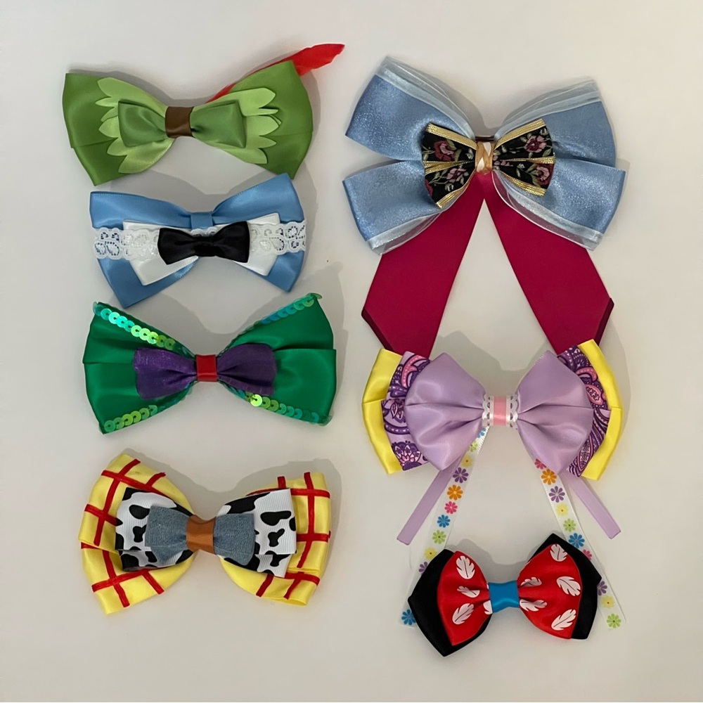 Lot of 7 Disney Character Bows | Peter Pan, Alice, Ariel, Woody, Anna, Rapunzel